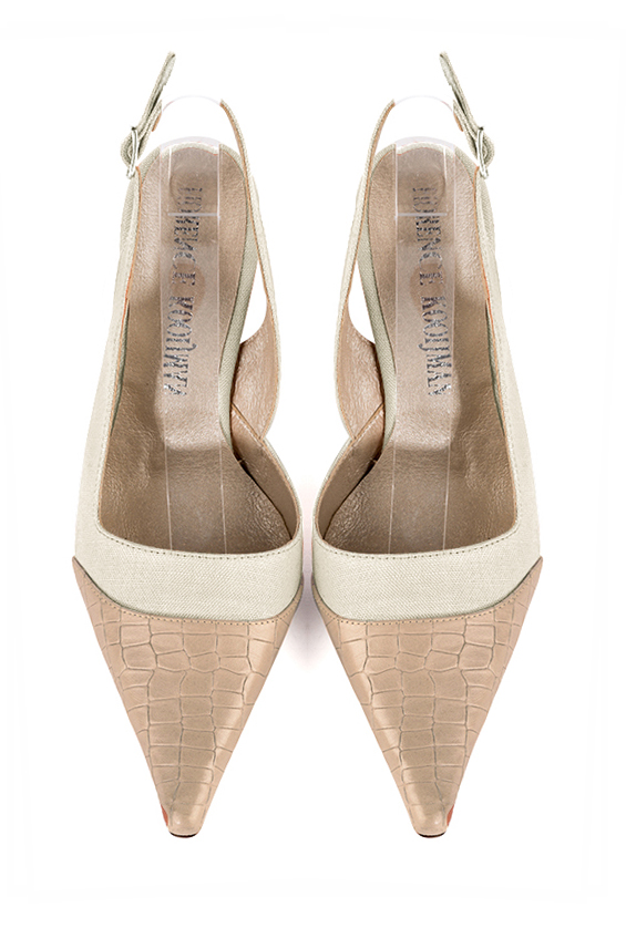 Tan beige and off white women's slingback shoes. Pointed toe. High spool heels. Top view - Florence KOOIJMAN